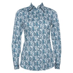 Etro Teal Blue Paisley Printed Stretch Cotton Shirt S 
