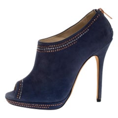 Jimmy Choo Blue Studded Suede Peep Toe Booties Size 39.5