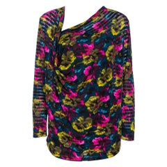 Kenzo Multicolor Printed Silk Asymmetric Draped Neck Top XL