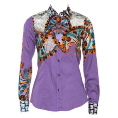 Etro Purple Floral Leaf Print Stretch Cotton Shirt S