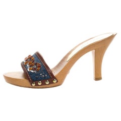 Dolce & Gabbana Blaue Slide-Sandalen aus Denim mit Lederbesatz und Lederbesatz Größe 36