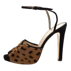 Charlotte Olympia Leopard Print Calf Hair Platform Ankle Strap Sandals Size 41