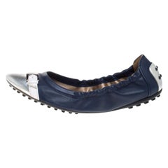 Tod's Blue/Silver Leather Cap Toe Scrunch Ballet Flats Size 36.5
