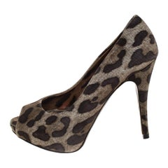 Dolce & Gabbana Brown Leopard Print Canvas Peep Toe Platform Pumps Größe 37