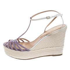Sergio Rossi Lavender/White Suede and Leather T-Strap Wedge Sandals Size 39.5