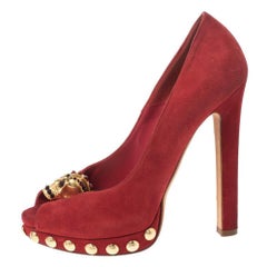 Alexander McQueen Red Suede Skull Embellished Peep Toe Pumps Size 36