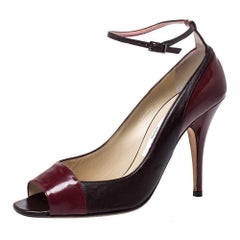 Jimmy Choo Burgundy Leather & Patent Leather Peep Toe Ankle Strap Pumps Size 39