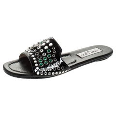 Jimmy Choo Black Patent Leather Studded Flat Slides Size 37