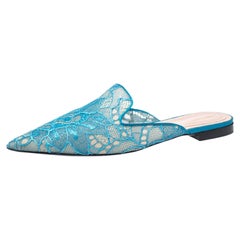 Alberta Ferretti Blue Lace And Satin Trim Flat Mules Size 40