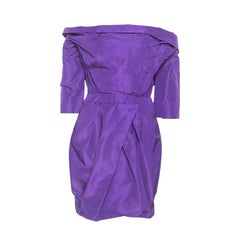 Used Vera Wang Purple Silk Crystal Embellished Off Shoulder Dress L
