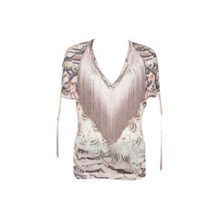 Roberto Cavalli Multicolor Printed Fringed Neckline V-Neck Top S