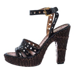 Used Prada Black Patent Leather Raffia Platform Ankle Strap Sandals Size 39.5