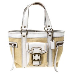 Used Coach Beige/White Straw and Leather Tote