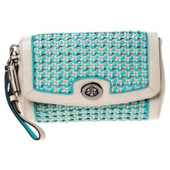 Coach Beige/Blue Caning Leather Flap Wristlet Clutch