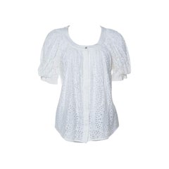 Valentino White Cotton Tattered Effect Puffed Sleeve Top S 