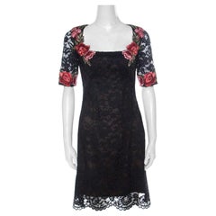 Used Marchesa Notte Black Lace Floral Applique Backless Short Dress S