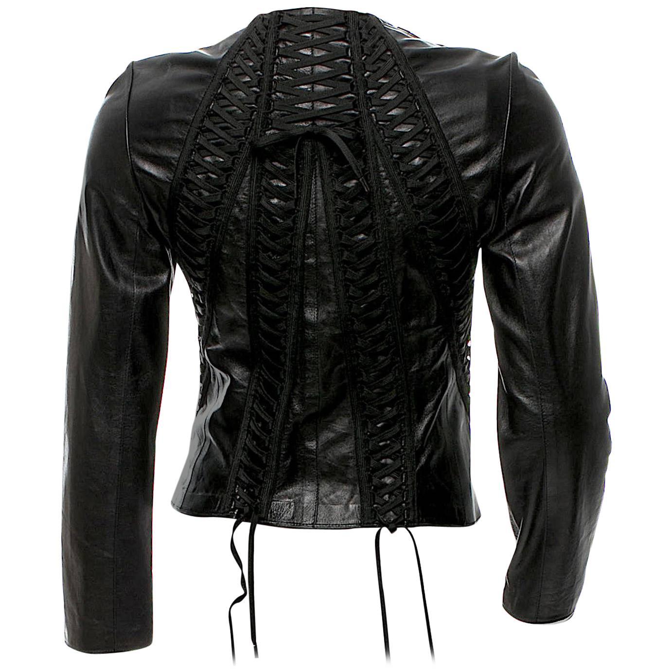 Christian Dior Black Lambskin Leather Corset Laced Bondage Jacket by Galliano