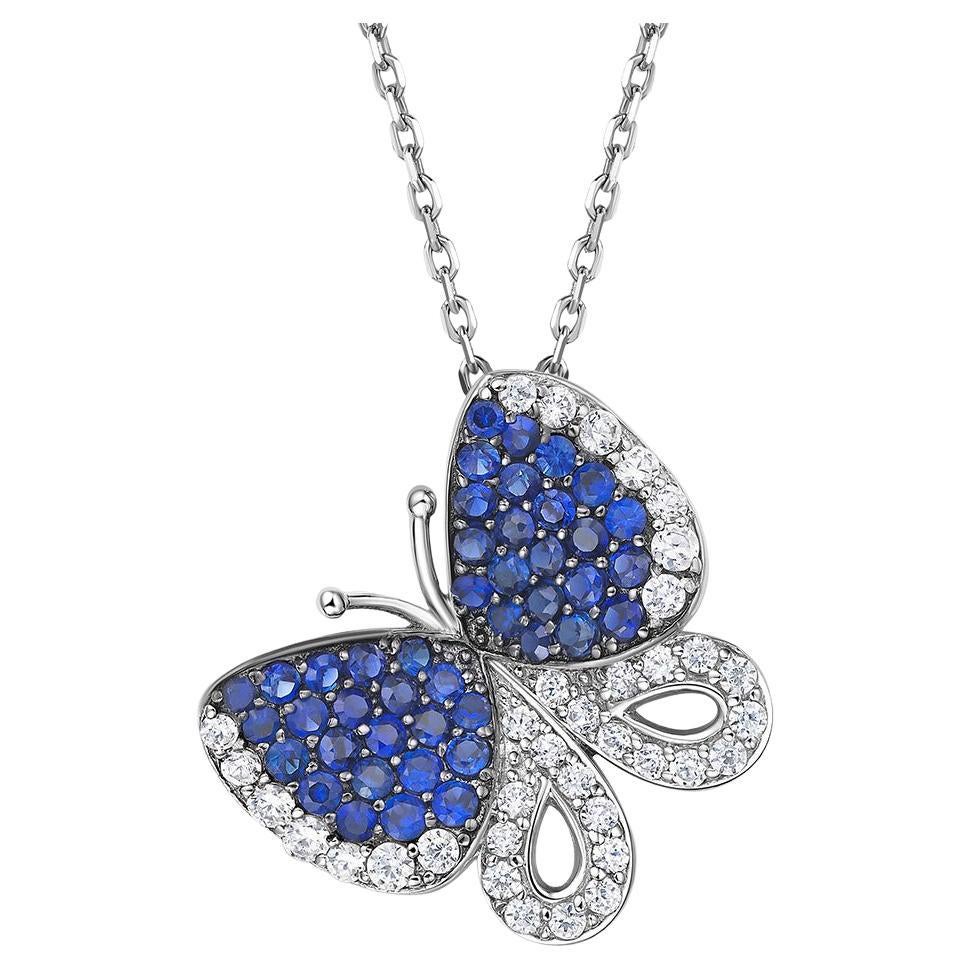 Fei Liu Blue and White Cubic Zirconia 925 Silver Butterfly Pendant Necklace For Sale