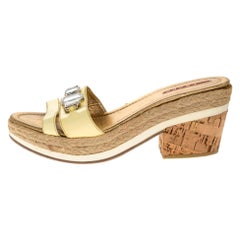 Prada Sport Yellow Patent Leather Cork Wedge Espadrille Slide Sandals Size 38.5