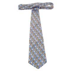 Lanvin Vintage Blue and Gold Dolphin Print Silk Tie