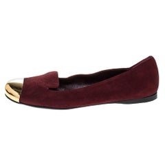 Used Yves Saint Laurent Burgundy Suede Metal Cap Toe Evelyn Loafers Size 36.5