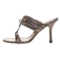 Used Dior Metallic Leather T Strap Slide Sandals Size 37