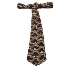 Lanvin Vintage Black and Gold Bird Print Silk Tie