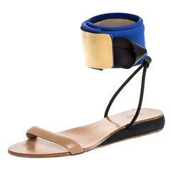 Chloe Blau/Beige flache Sandalen aus Leder und Nylon mit Knöchelriemen Größe 38