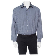 Emporio Armani Navy Blue and White Checked Cotton Long Sleeve Shirt XXL