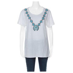 Tory Burch Weißes, türkisfarbenes, perlenbesetztes T-Shirt aus Baumwolle XL