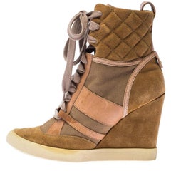 Chloe Beige/Brown Suede Leather And Canvas Lace Up Wedge Ankle Boots Size 38