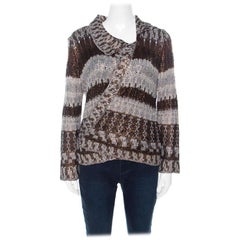 Oscar de la Renta Brown & Bronze Silk Knit Cardigan L