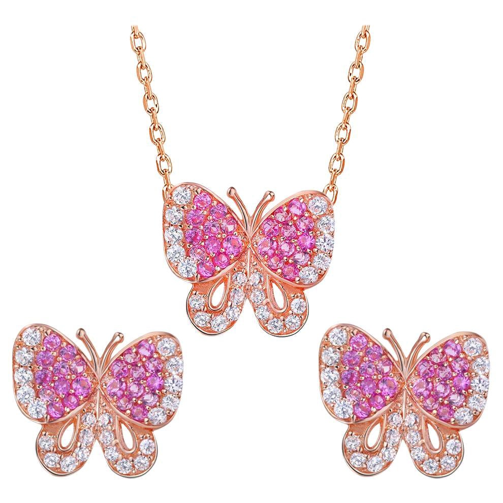 Fei Liu Pink and White CZ Rose Gold Plated 925 Silver Butterfly Jewellery Set For Sale