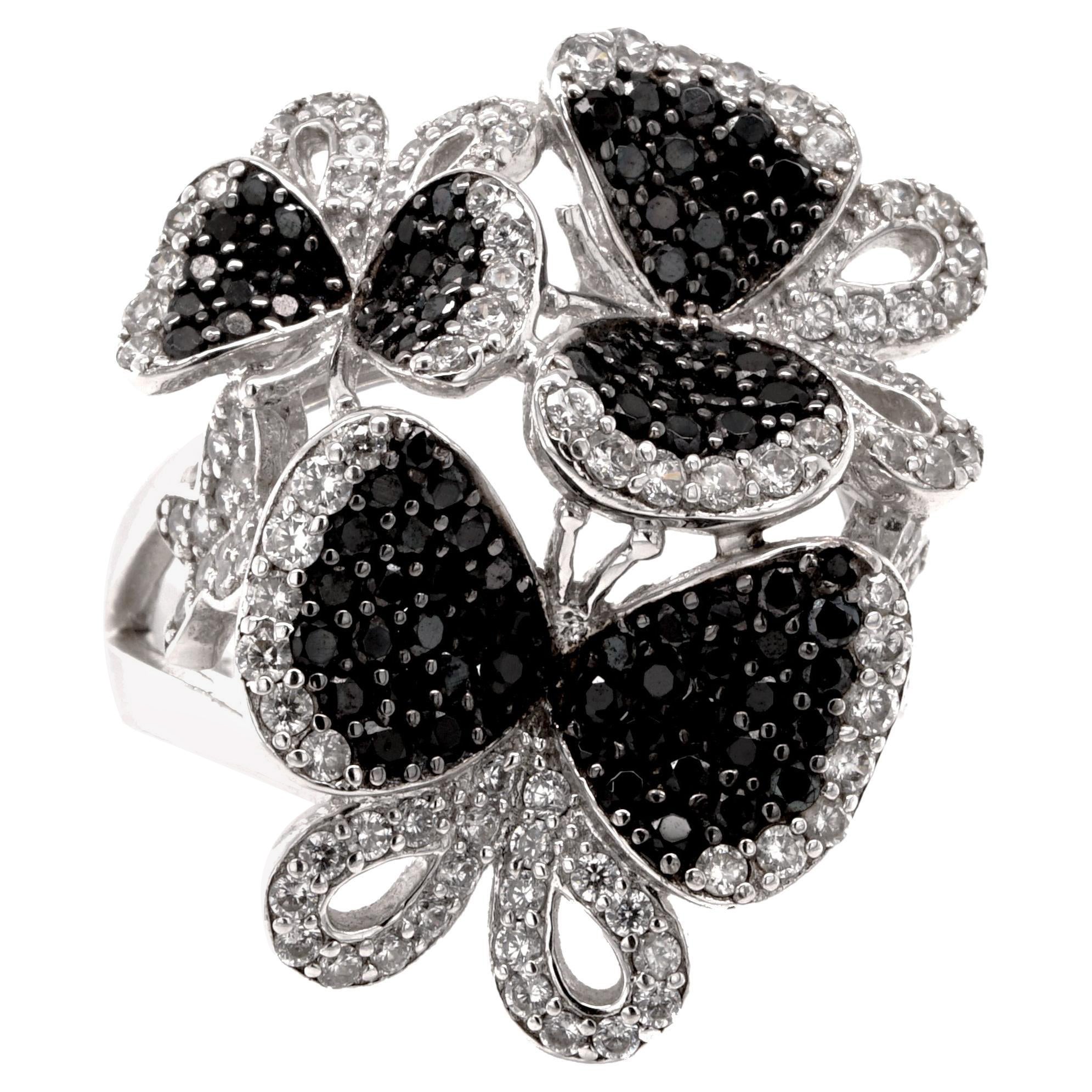 Fei Liu Black and White Cubic Zirconia Sterling Silver Butterfly Cluster Ring For Sale