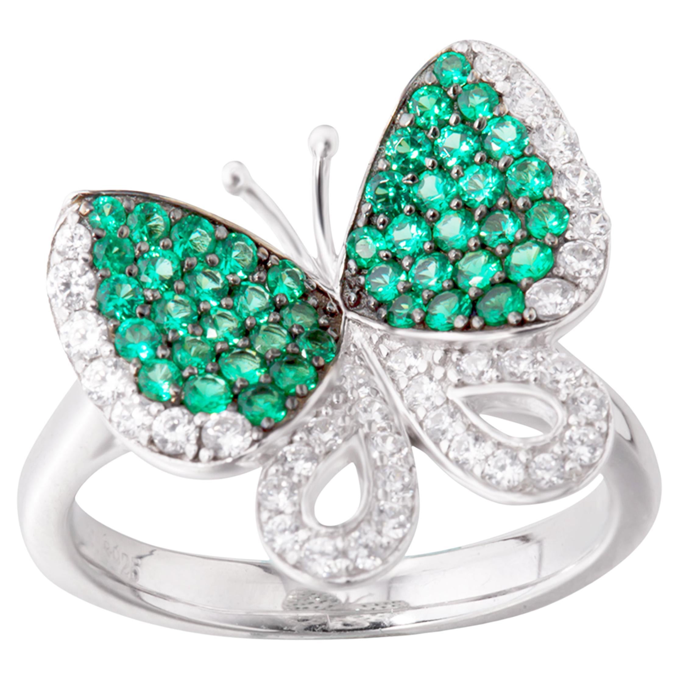Fei Liu Green and White Cubic Zirconia Sterling Silver Butterfly Ring For Sale