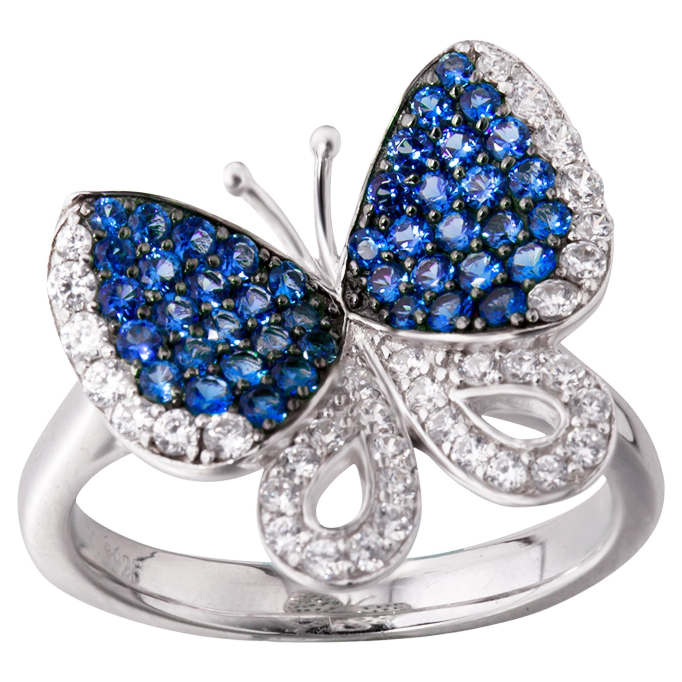 Fei Liu Schmetterlingsring aus Sterlingsilber mit blauem und weißem kubischem Zirkon in Blau und Weiß