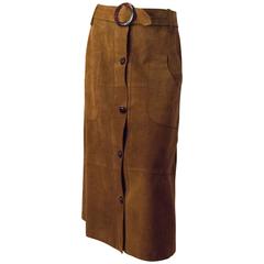 70s Tan Belted Suede Button-Up Skirt