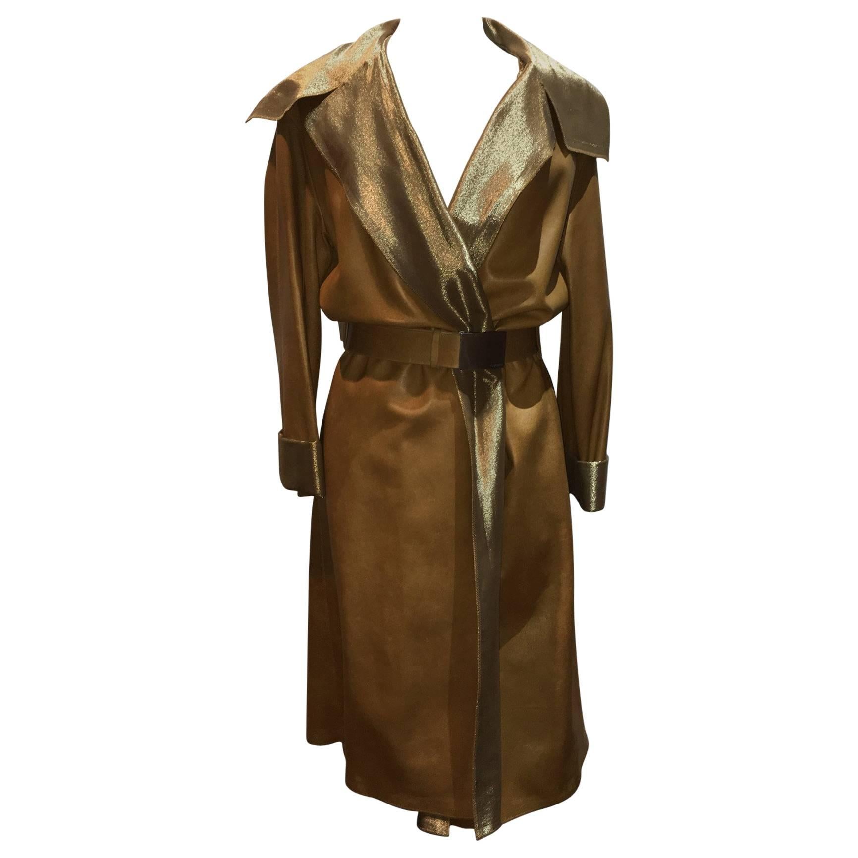 Chanel Tan Leather Gold Lame Lined Long Wrap Trench Coat Size 12