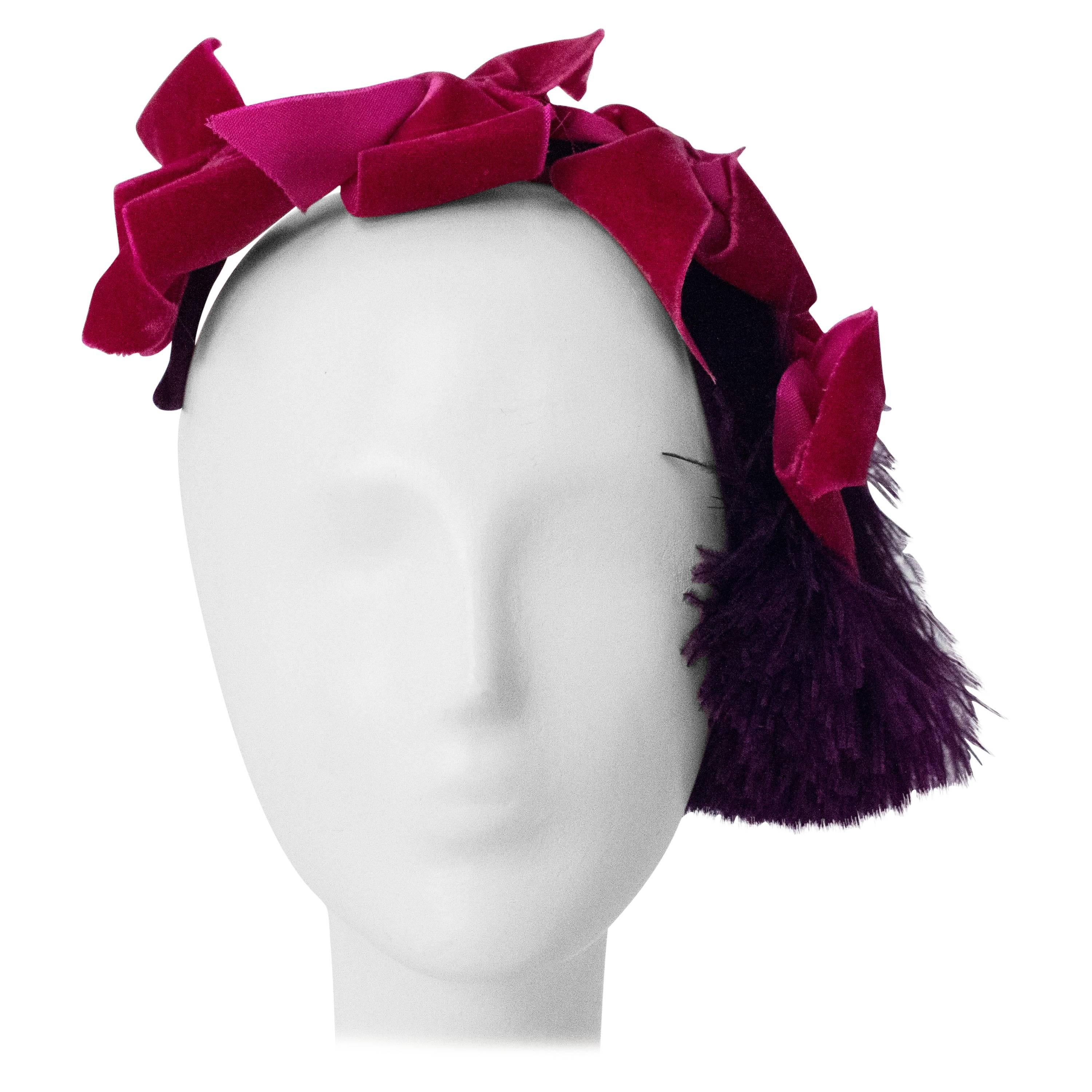 40s Pink & Purple Velvet Cocktail Hat with Feather Pouf