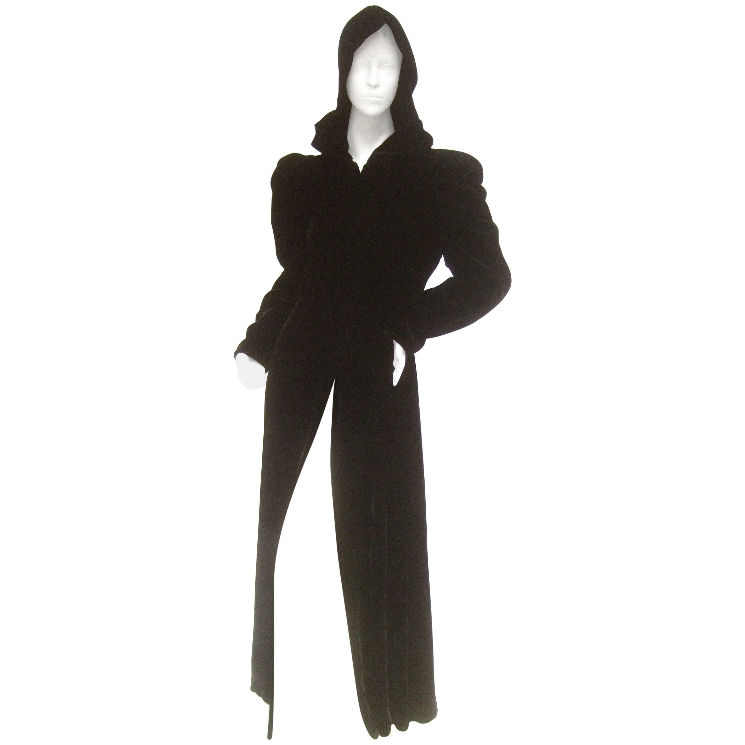 Dramatic Black Silk Velvet Hooded Opera Coat c 1950