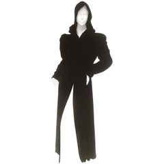 Vintage Dramatic Black Silk Velvet Hooded Opera Coat c 1950