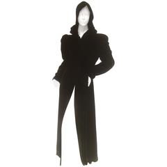 Dramatic Black Silk Velvet Hooded Opera Coat c 1950 11