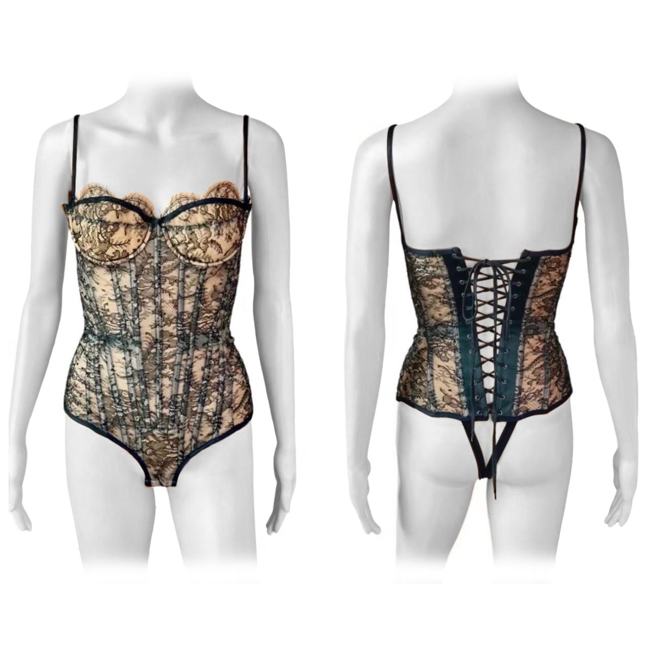 Roberto Cavalli S/S 2003 Bustier Lace-Up Corset Sheer Lace Black Bodysuit Top