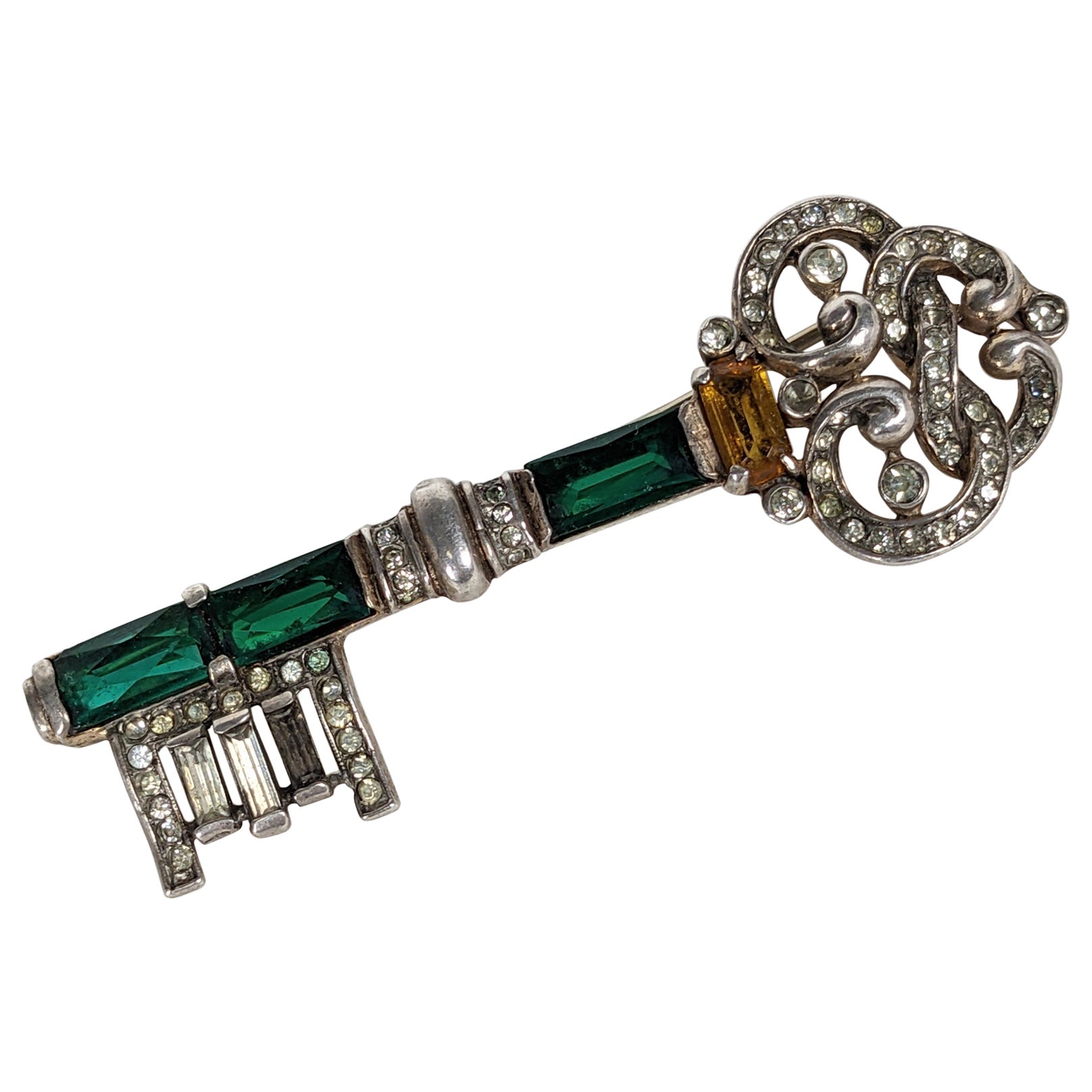 Trifari Retro Sterling Vermeil Jeweled Key Brooch, Alfred Philippe For Sale