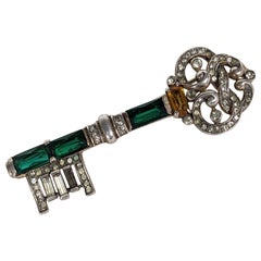 Trifari Vintage Sterling Vermeil Jeweled Key Brooch, Alfred Philippe