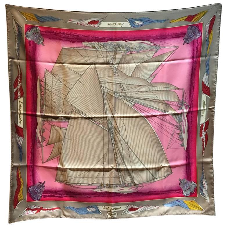 Hermes Vintage Vent Portant Silk Scarf in Grey and Pink
