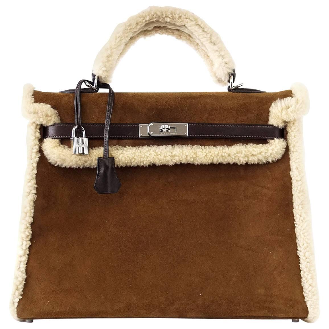 HERMES KELLY 35 Bag Coveted Limited Edition Teddy Shearling Plush mint