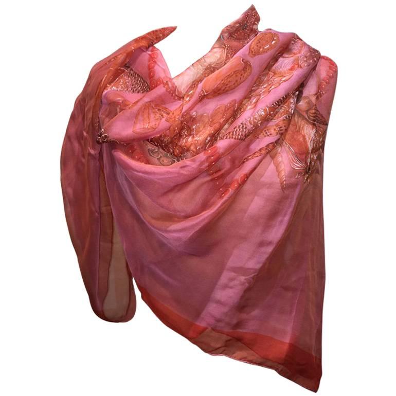 Hermes Sheer Pink and Red Rocaille Silk Shawl Scarf 