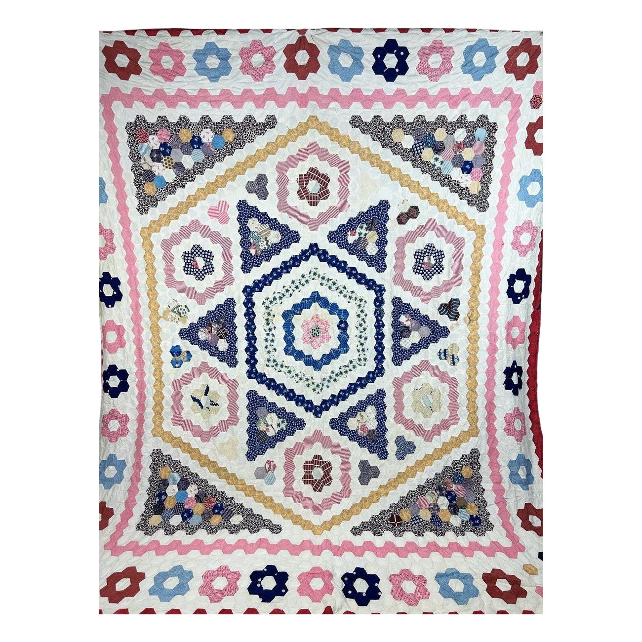Hexagon patchwork in printed cotton - USA Circa 1860