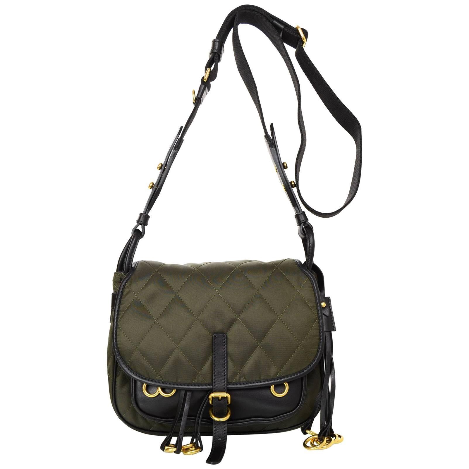 Prada 2016 Army Green Nylon & Leather Quilted Corsaire Messenger Crossbody Bag